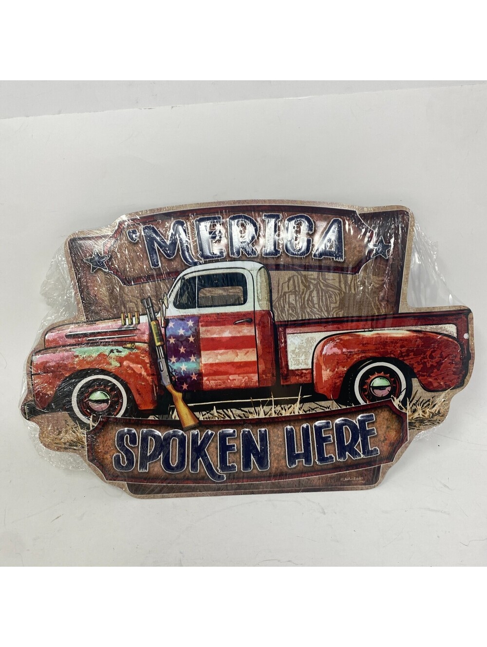 'merica America Spoken Here Rustic Nostalgic Die Cut Aluminum Sign Made In USA